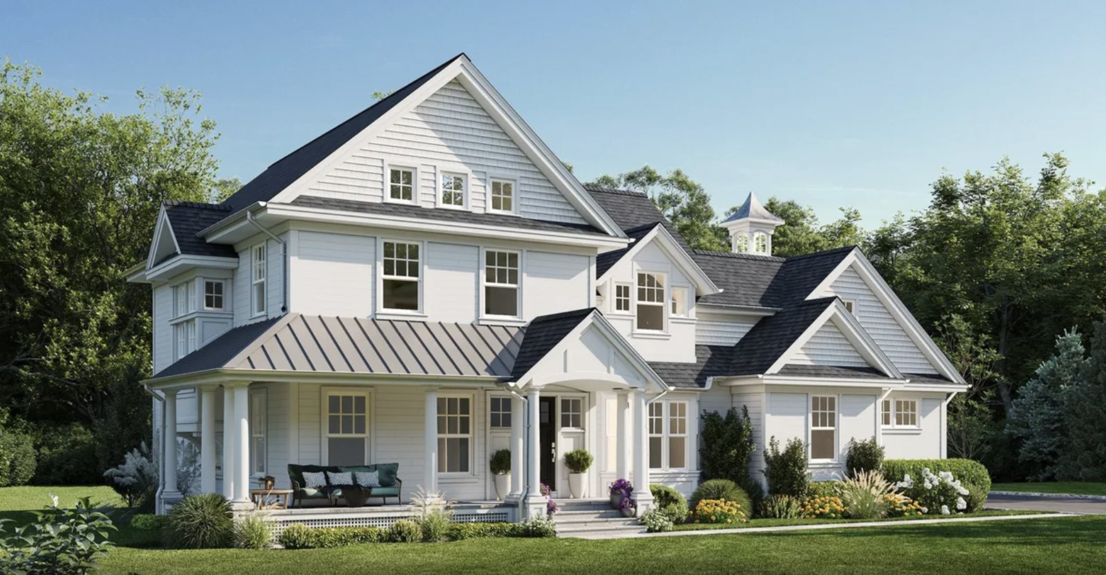 Rendering of a white two-story new construction home with a covered front porch, a standing seam metal porch roof, gabled dormers, and a cupola