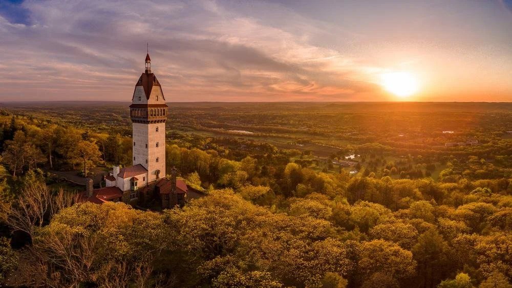 Heublein Tower at sunset above Talcott Mountain State Park, Simsbury CT